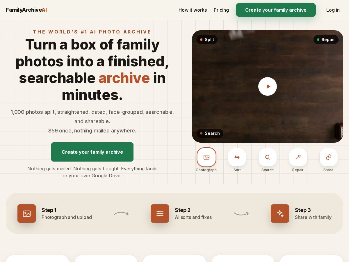 Landing-page snapshot of familyarchiveai.com