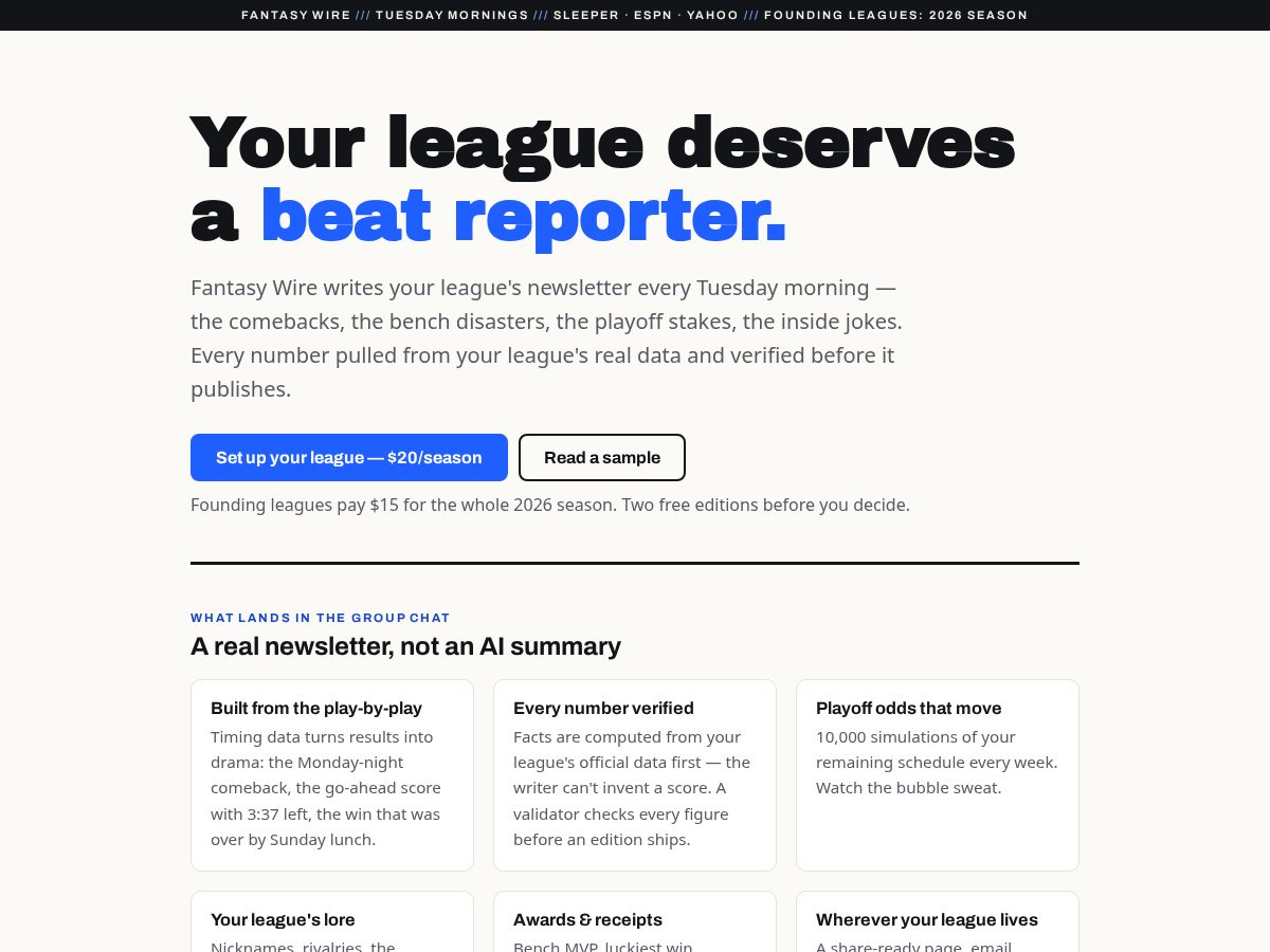 Landing-page snapshot of fantasywire.news