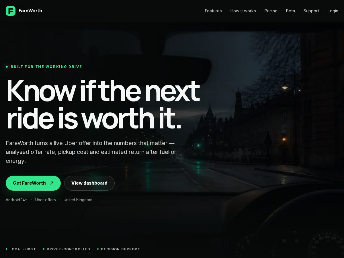 Landing-page snapshot of fareworth.app