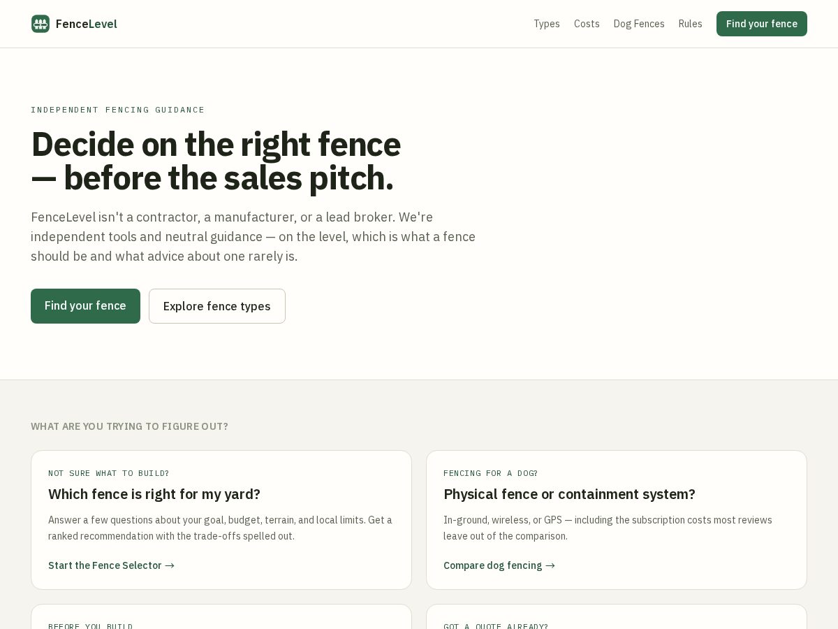Landing-page snapshot of fencelevel.com