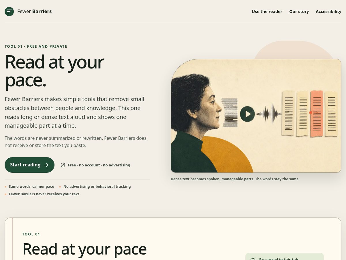 Landing-page snapshot of fewerbarriers.com