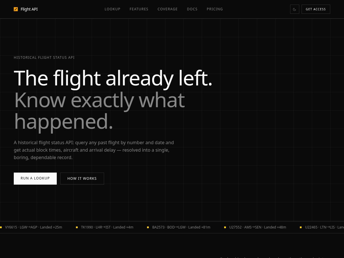 Landing-page snapshot of flight-api.dev