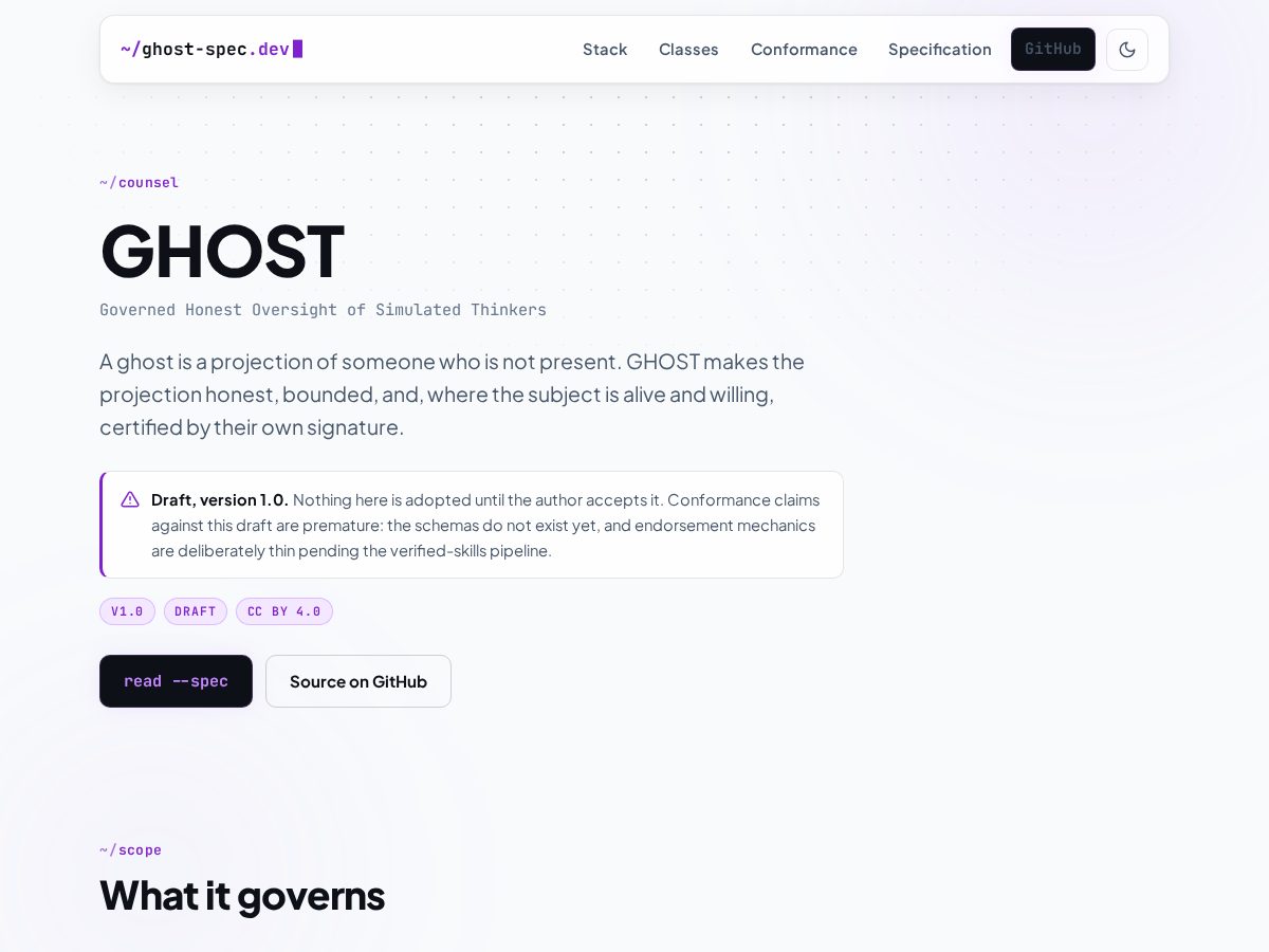 Landing-page snapshot of ghost-spec.dev