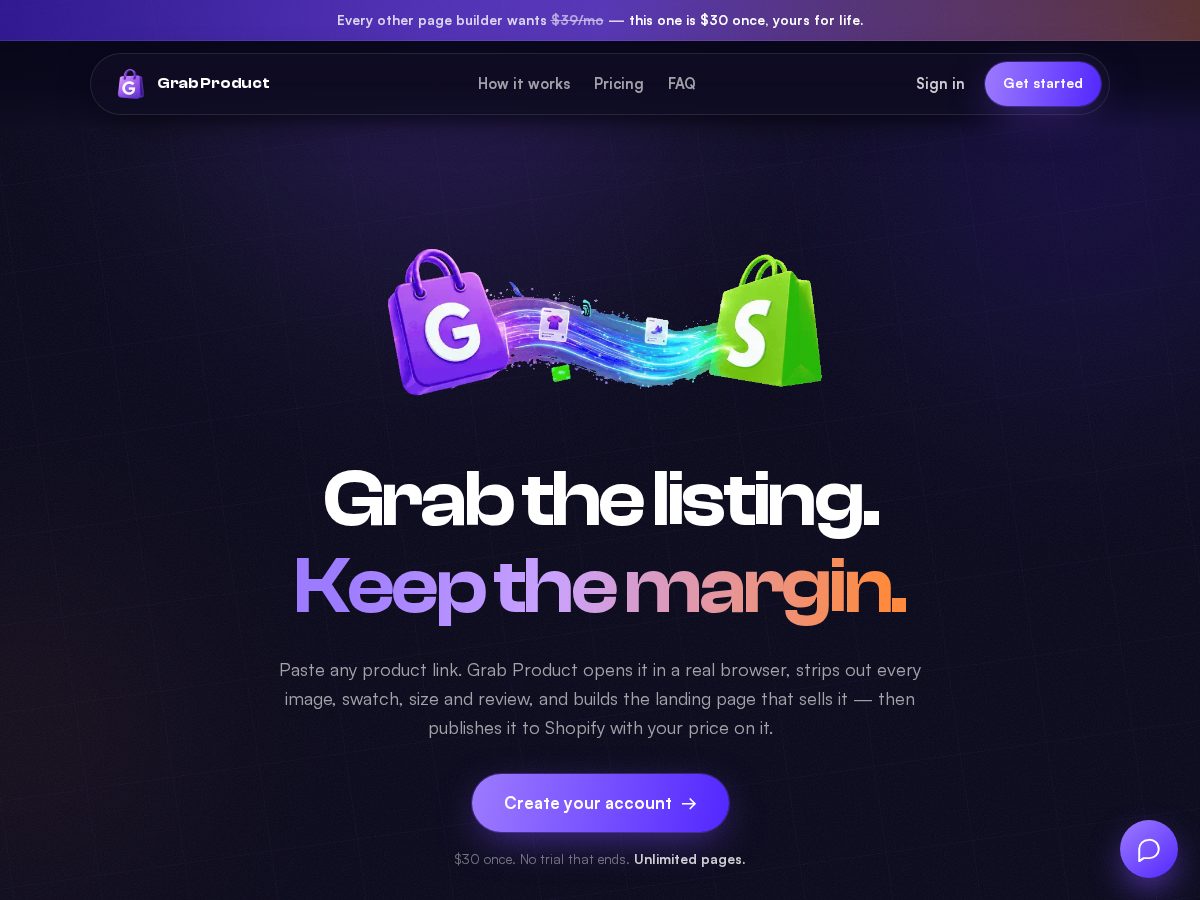 Landing-page snapshot of grab-product.com