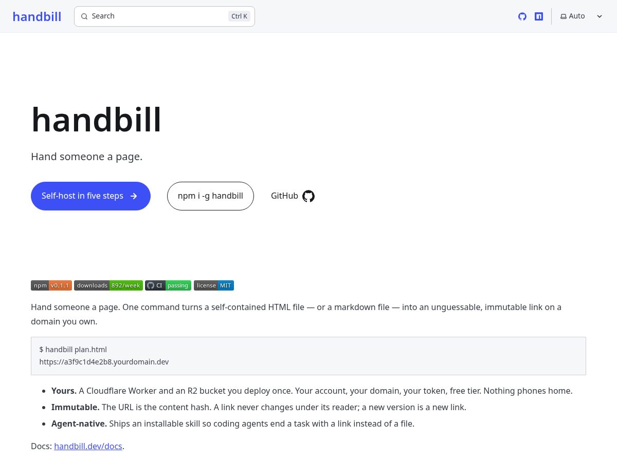Landing-page snapshot of handbill.dev