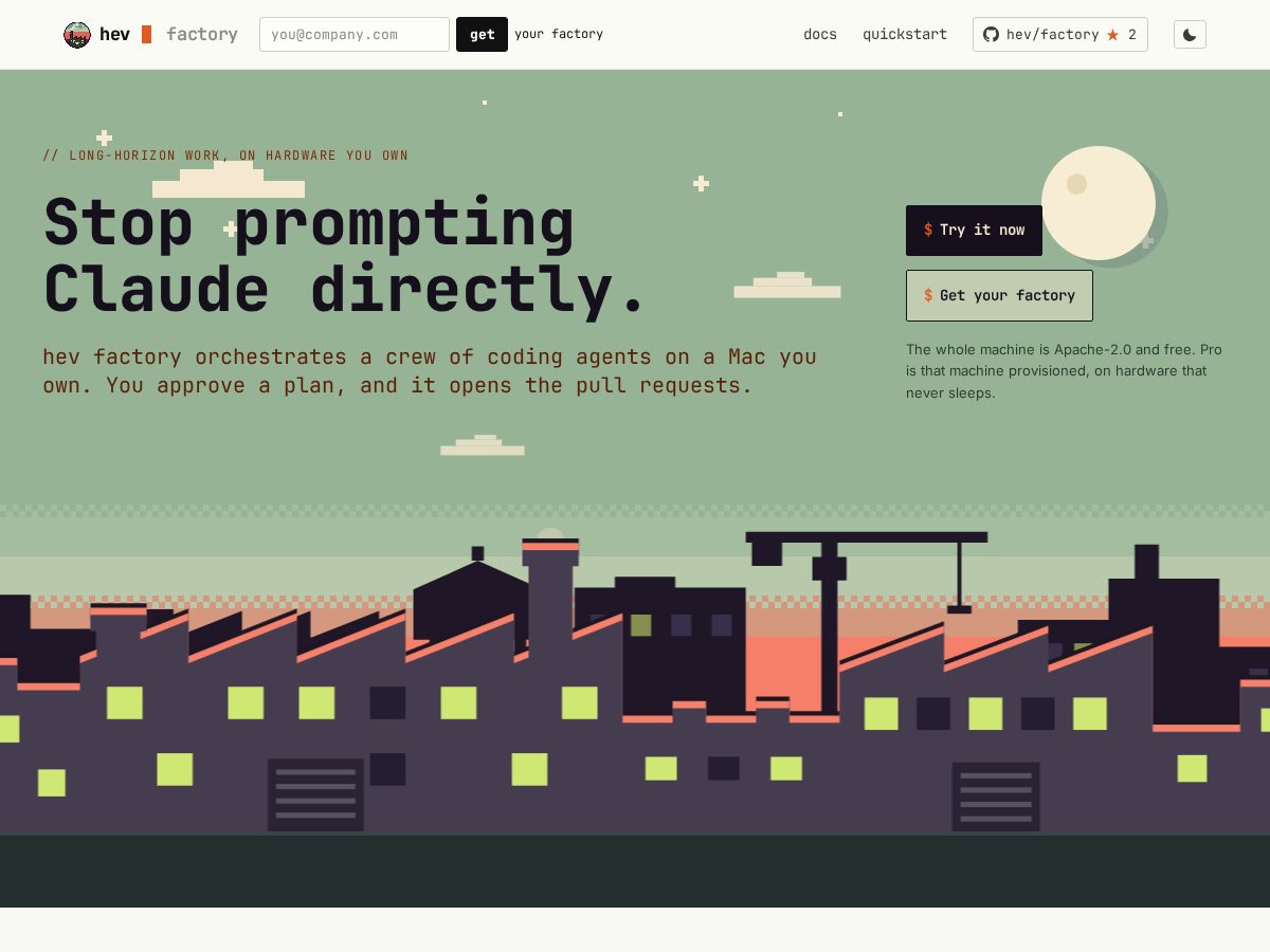 Landing-page snapshot of hevfactory.com