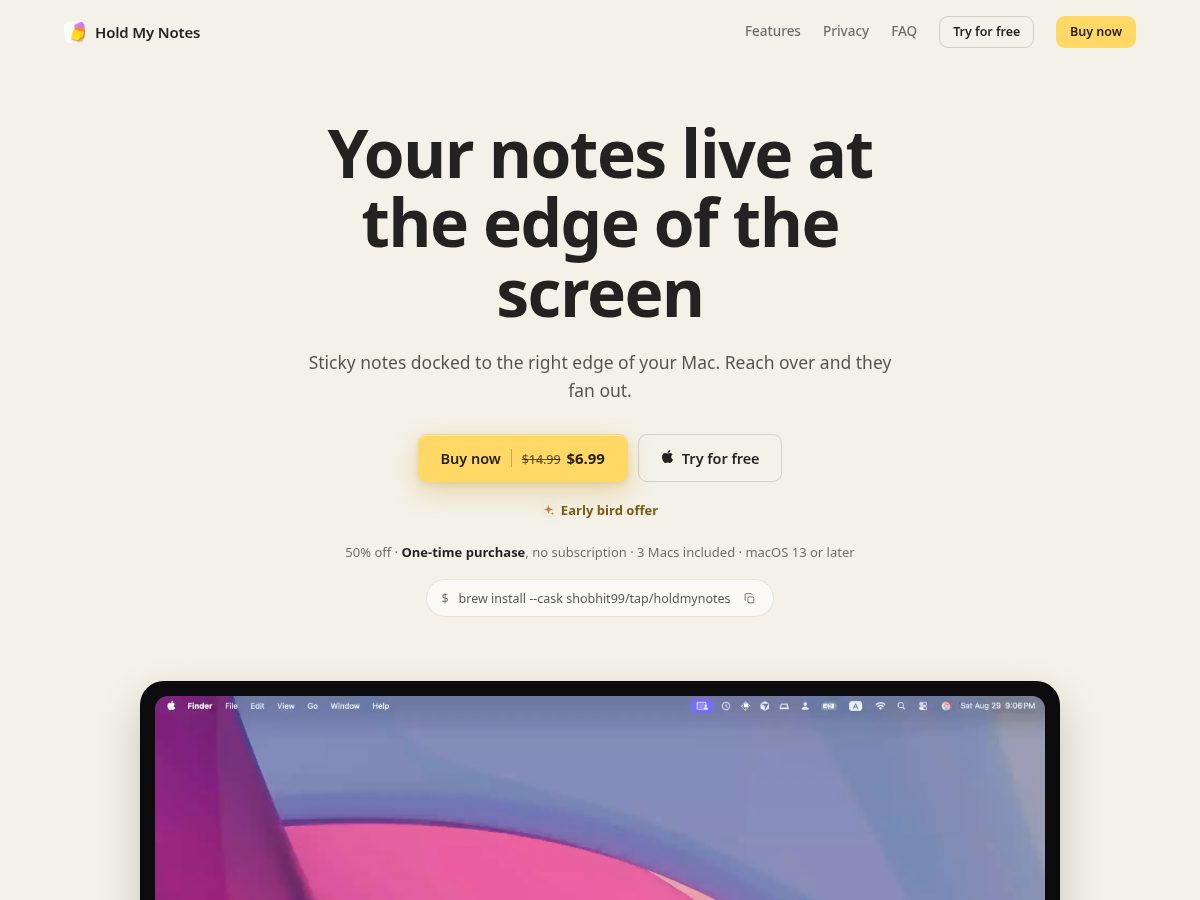 Landing-page snapshot of holdmynotes.app