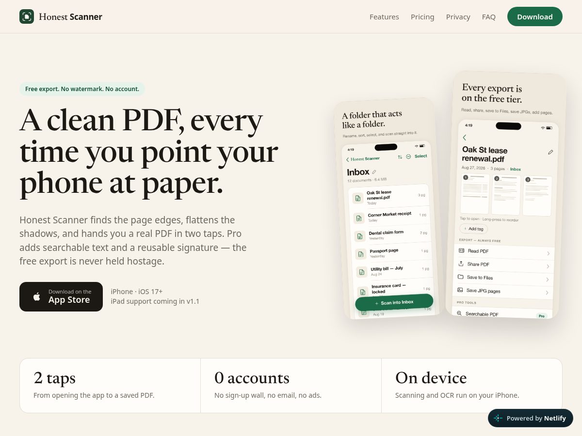 Landing-page snapshot of honestscanner.com