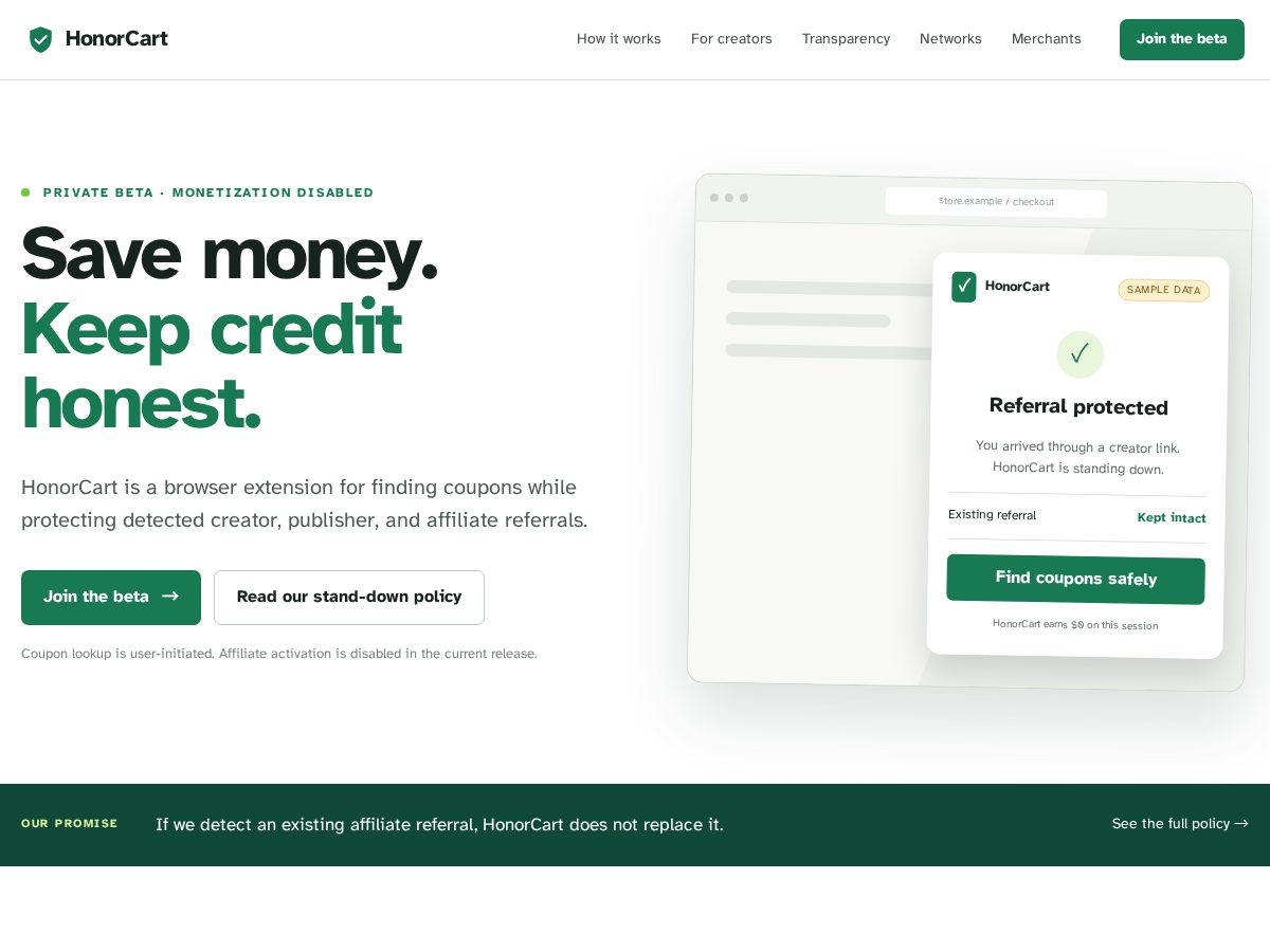 Landing-page snapshot of honorcart.com