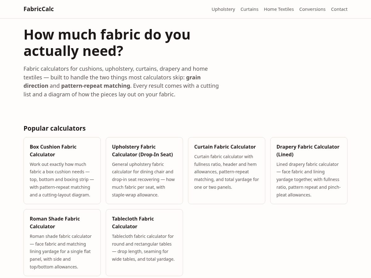 Landing-page snapshot of howmuchfabric.com