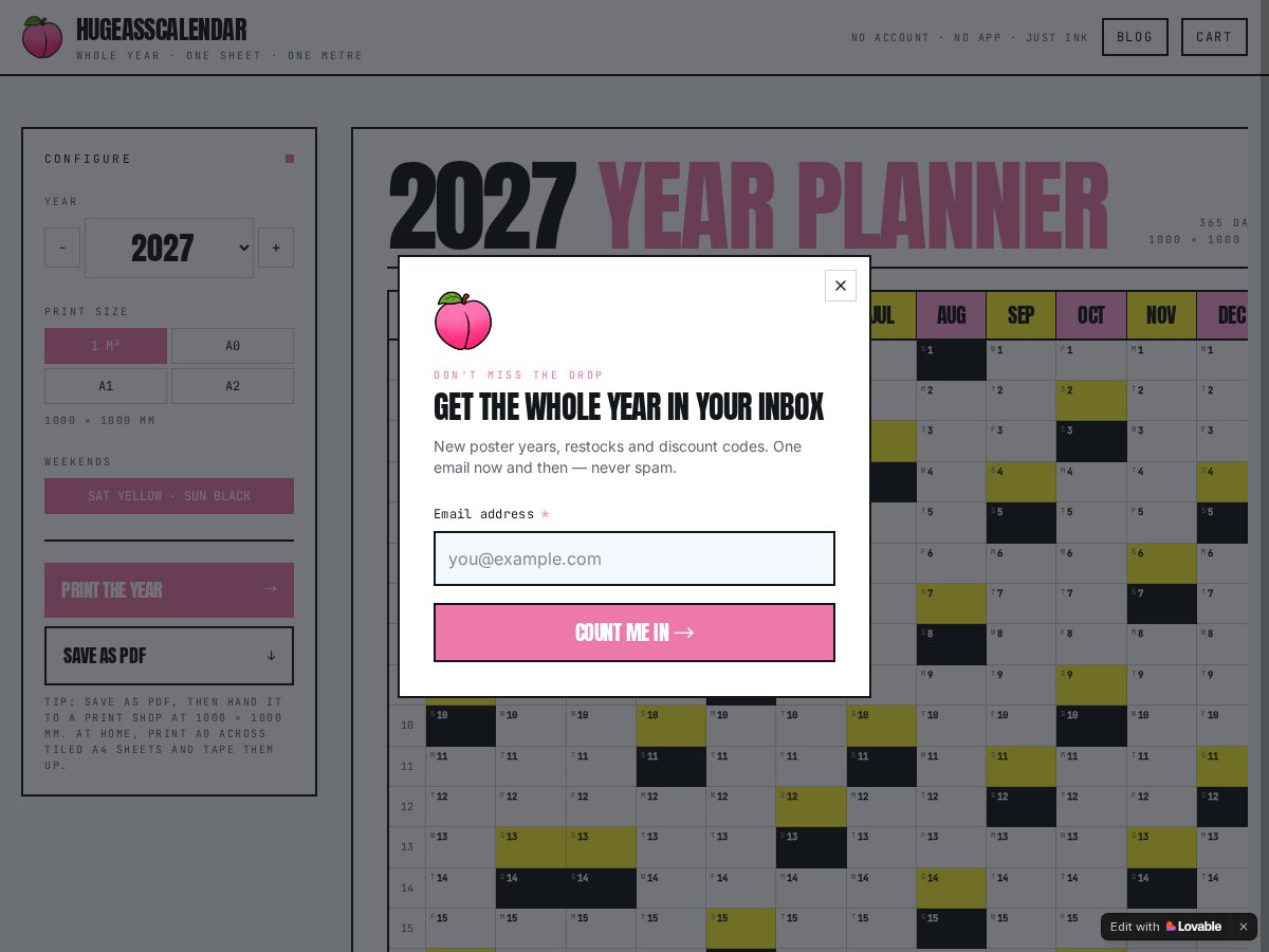 Landing-page snapshot of hugeasscalendar.com