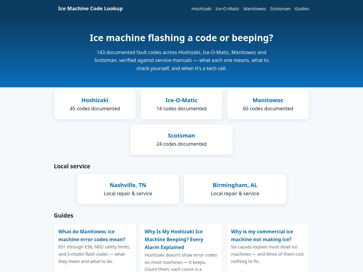 Landing-page snapshot of icemachinecodes.com