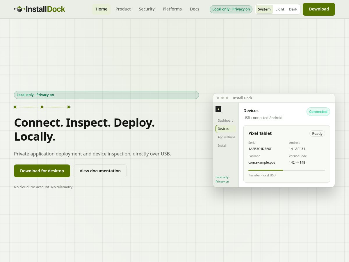 Landing-page snapshot of installdock.com