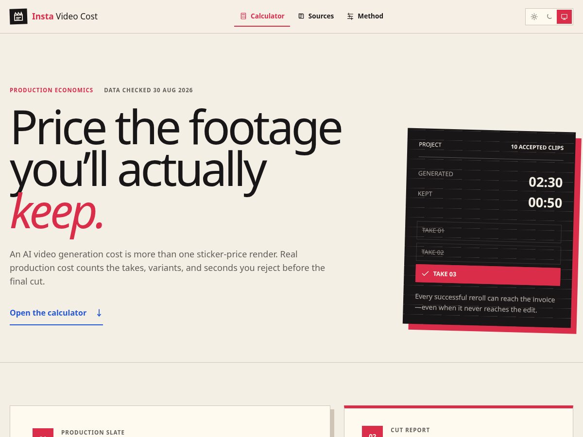 Landing-page snapshot of instavideocost.com