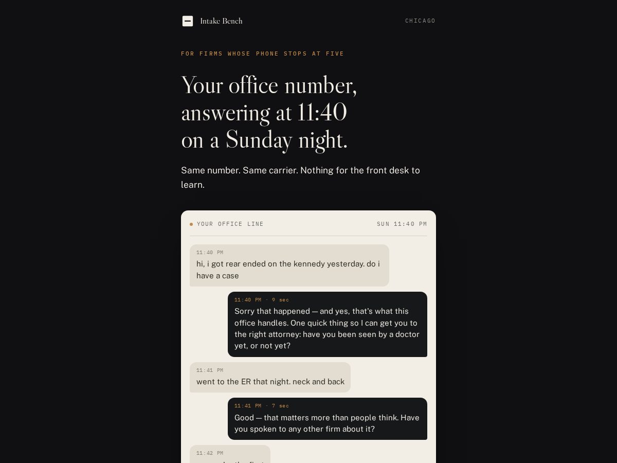 Landing-page snapshot of intakebench.com