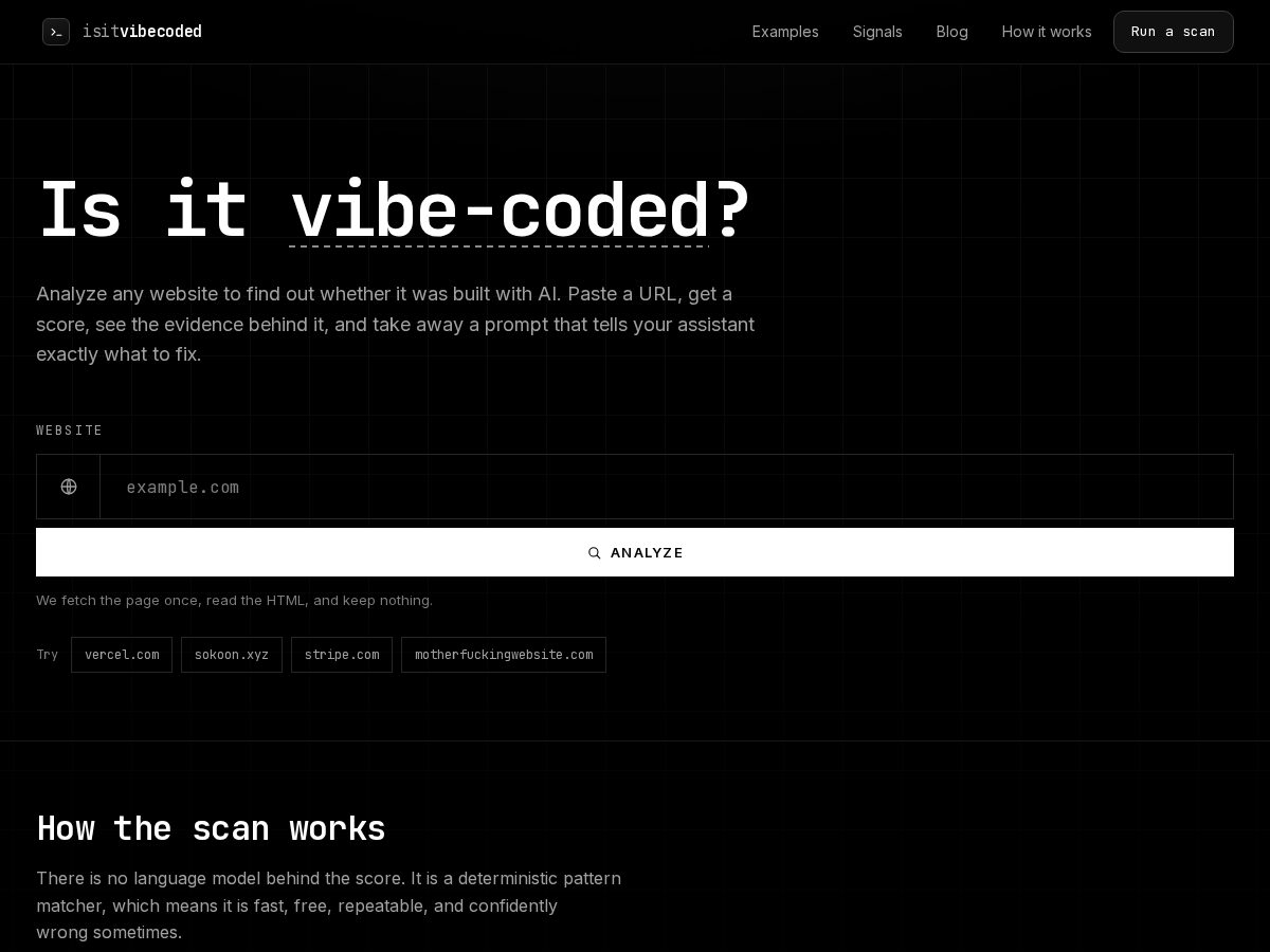 Landing-page snapshot of isitvibecoded.xyz