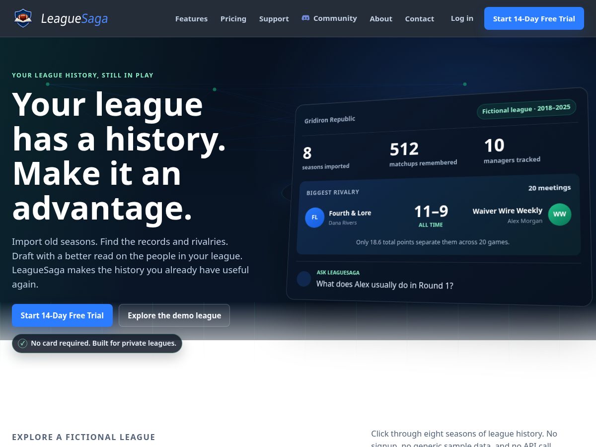 Landing-page snapshot of leaguesaga.com