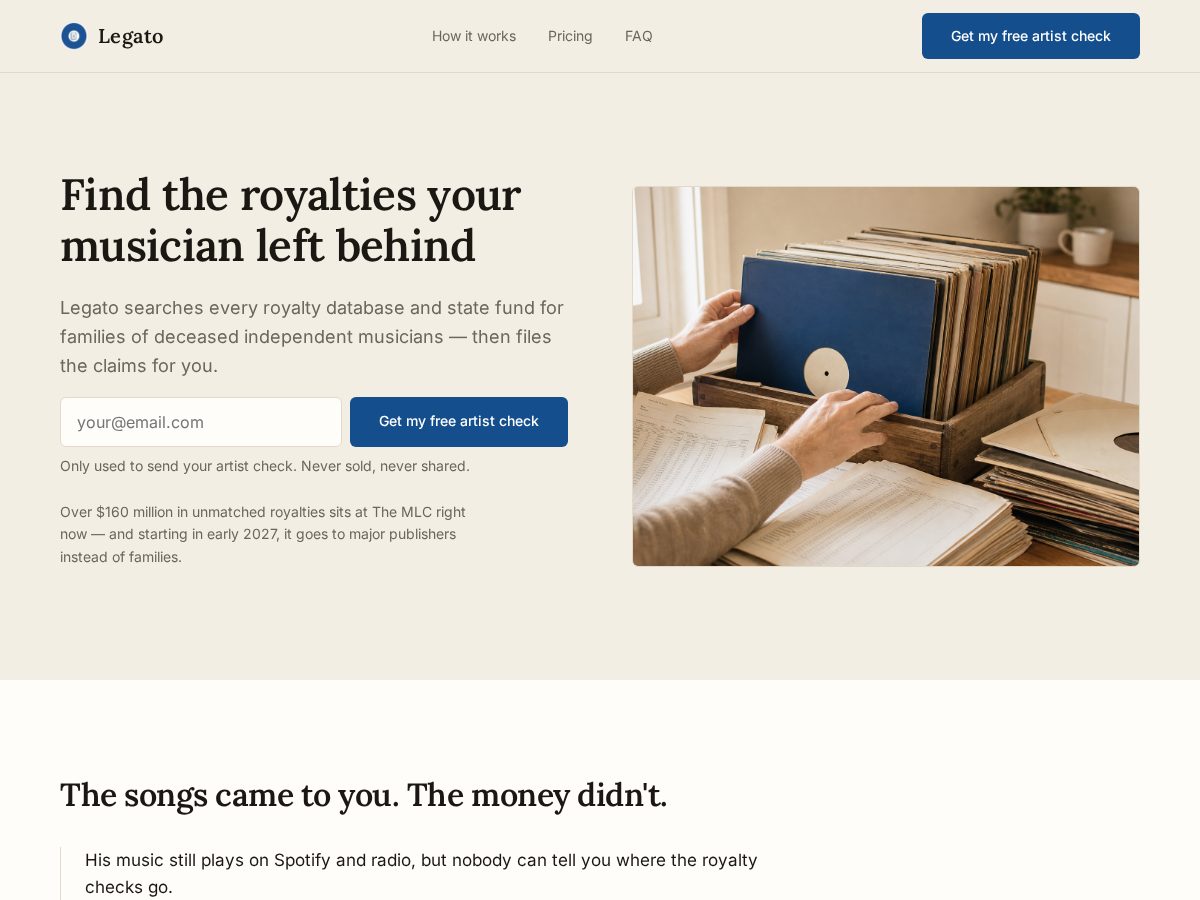 Landing-page snapshot of legato.estate