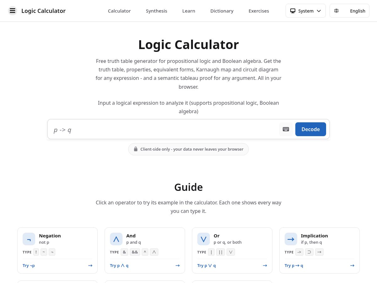 Landing-page snapshot of logic-calculator.net