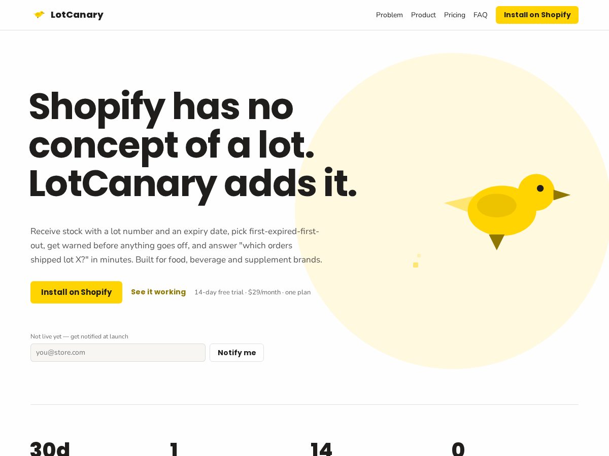 Landing-page snapshot of lotcanary.com