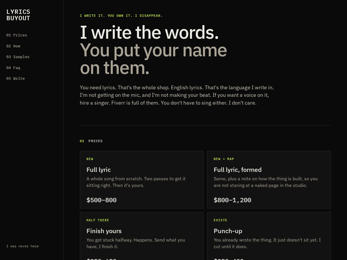 Landing-page snapshot of lyricsbuyout.store