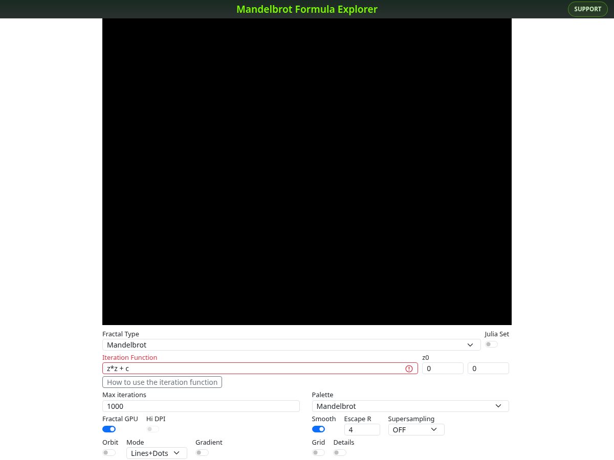 Landing-page snapshot of mandelbrot-formula-explorer.com