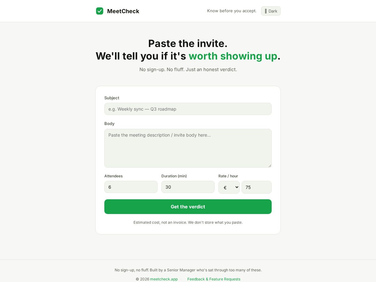 Landing-page snapshot of meetcheck.app