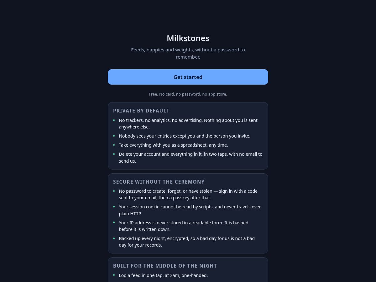 Landing-page snapshot of milkstones.app