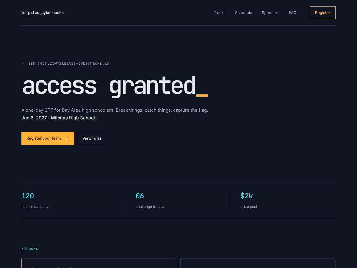 Landing-page snapshot of milpitascyberhacks.com