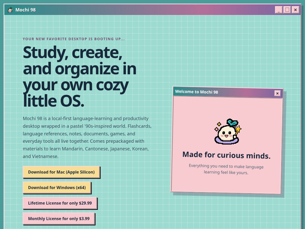 Landing-page snapshot of mochi98.app