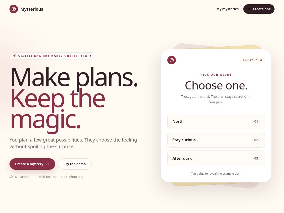 Landing-page snapshot of mysterious.social