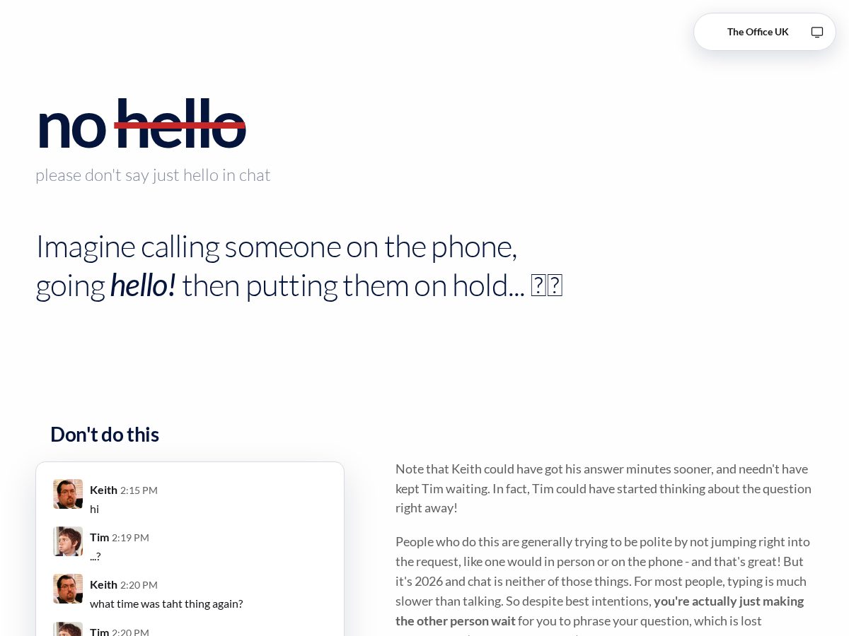 Landing-page snapshot of nohello.fyi