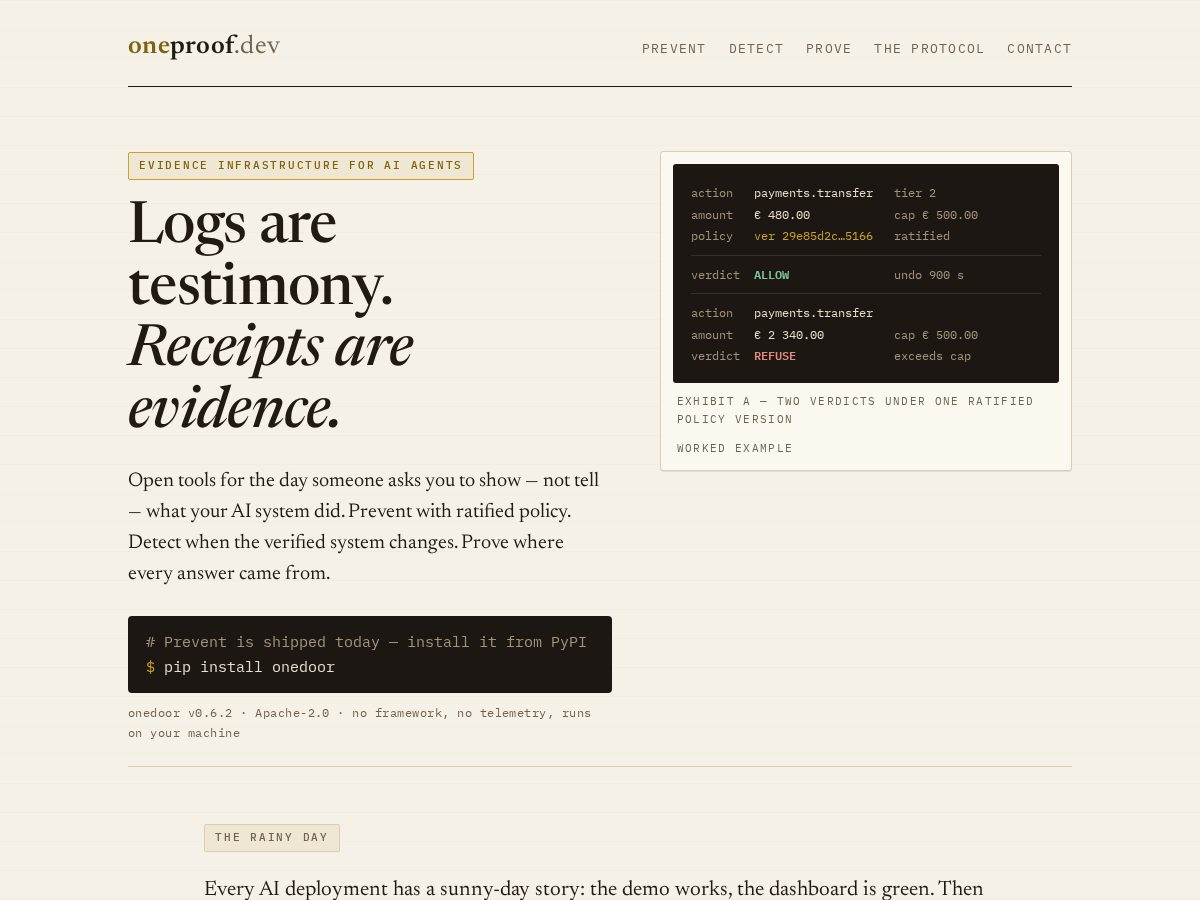 Landing-page snapshot of oneproof.dev