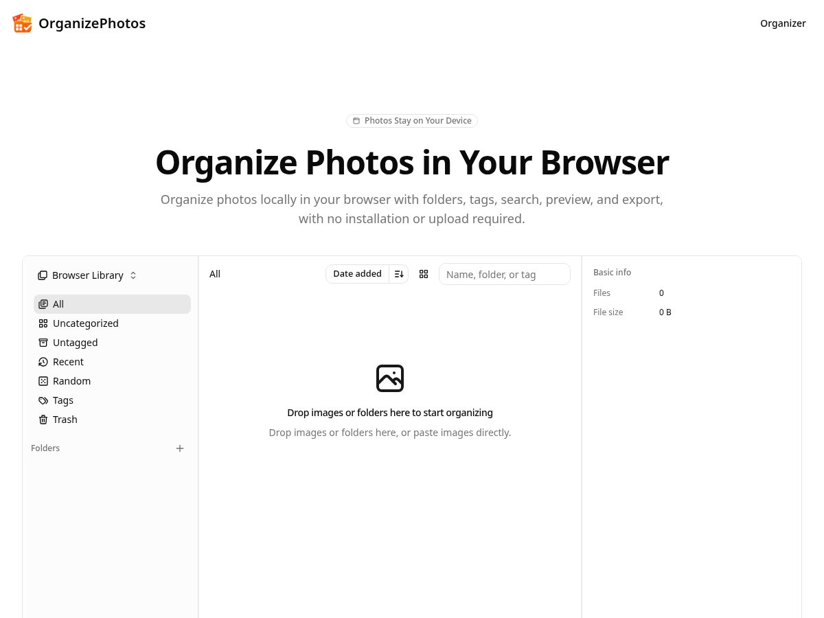 Landing-page snapshot of organizephotos.app