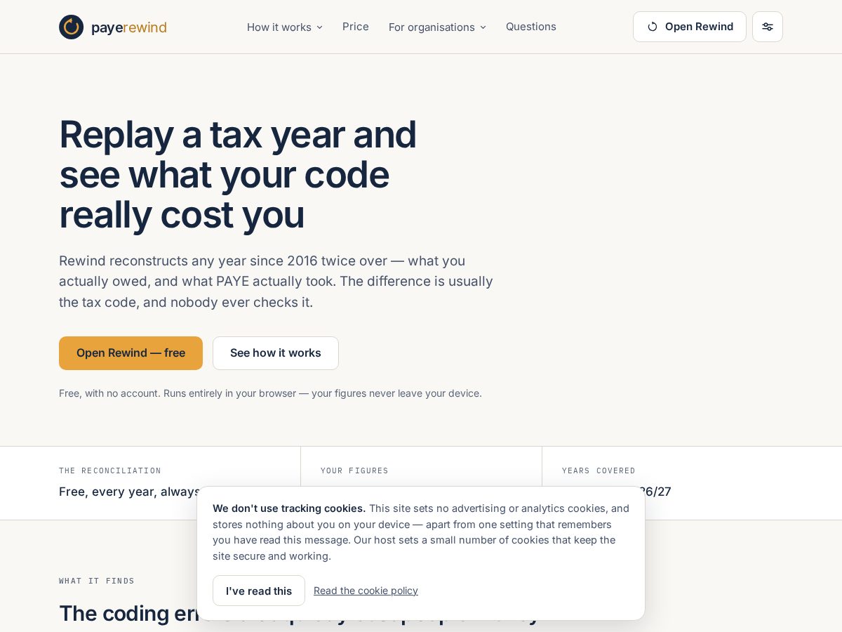 Landing-page snapshot of payerewind.com