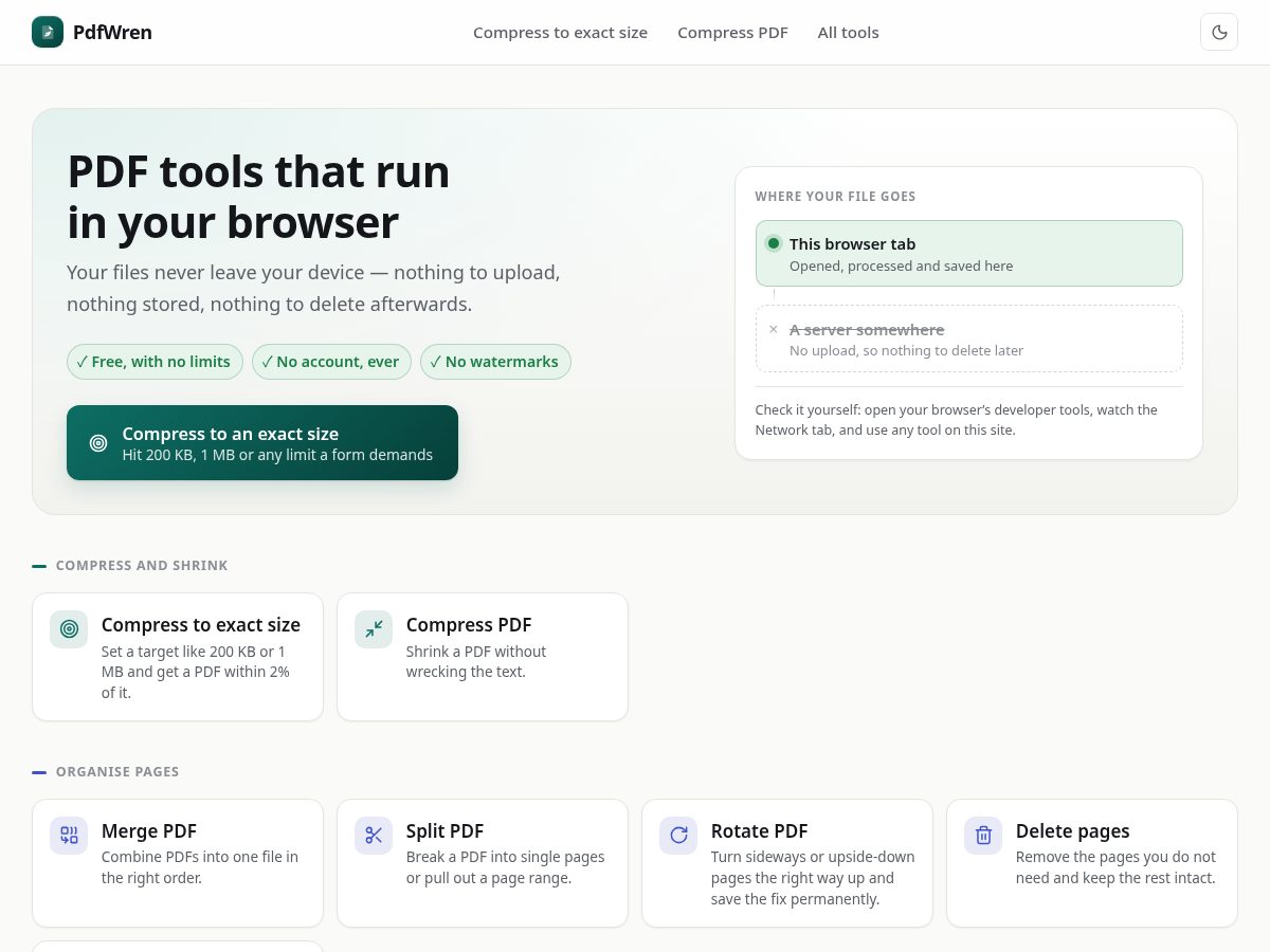 Landing-page snapshot of pdfwren.com