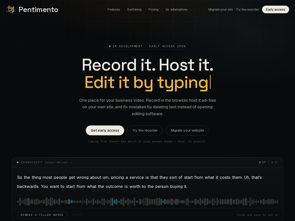 Landing-page snapshot of pentimento.video