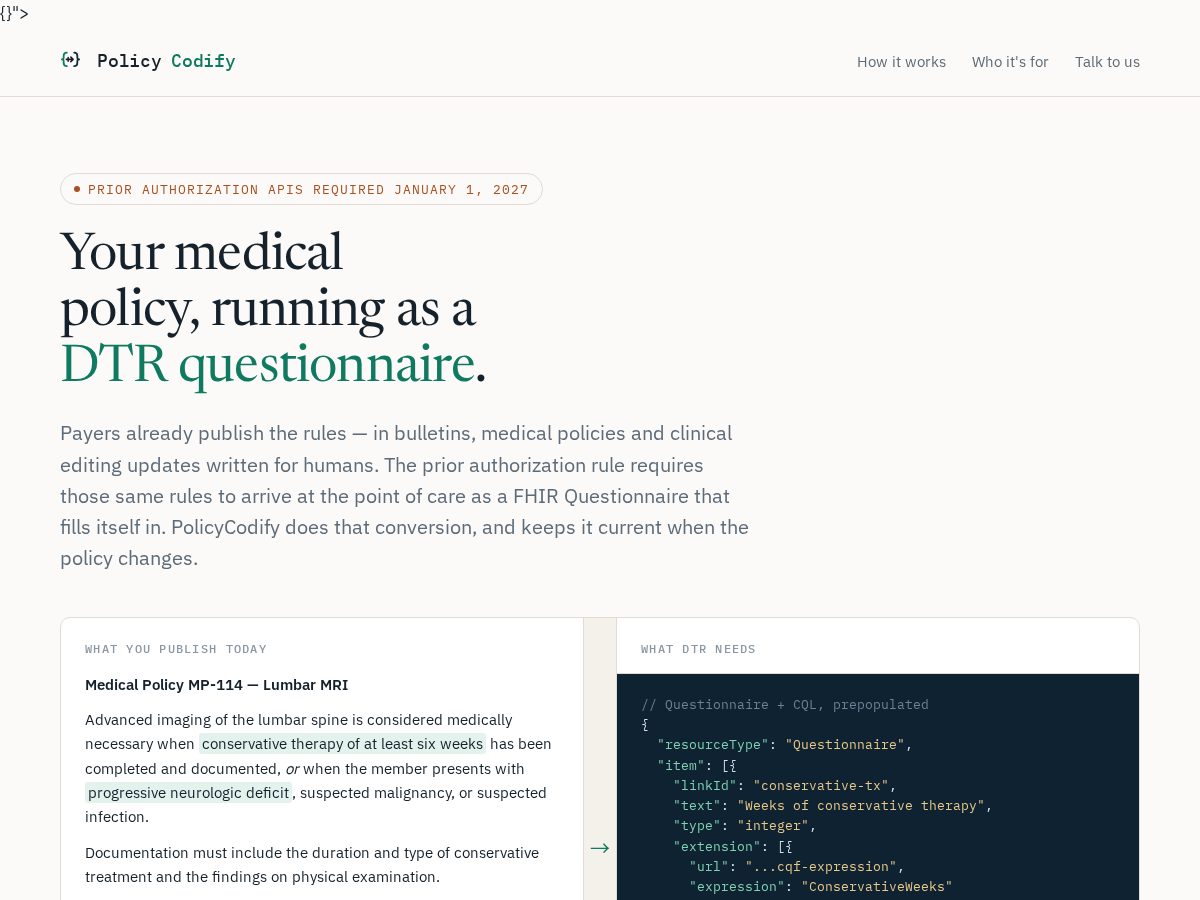 Landing-page snapshot of policycodify.com
