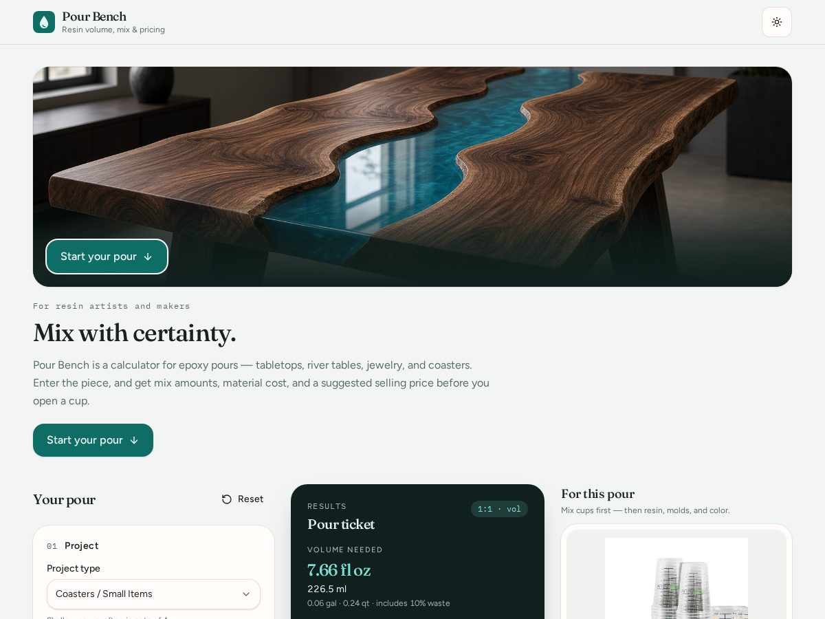 Landing-page snapshot of pourbench.com