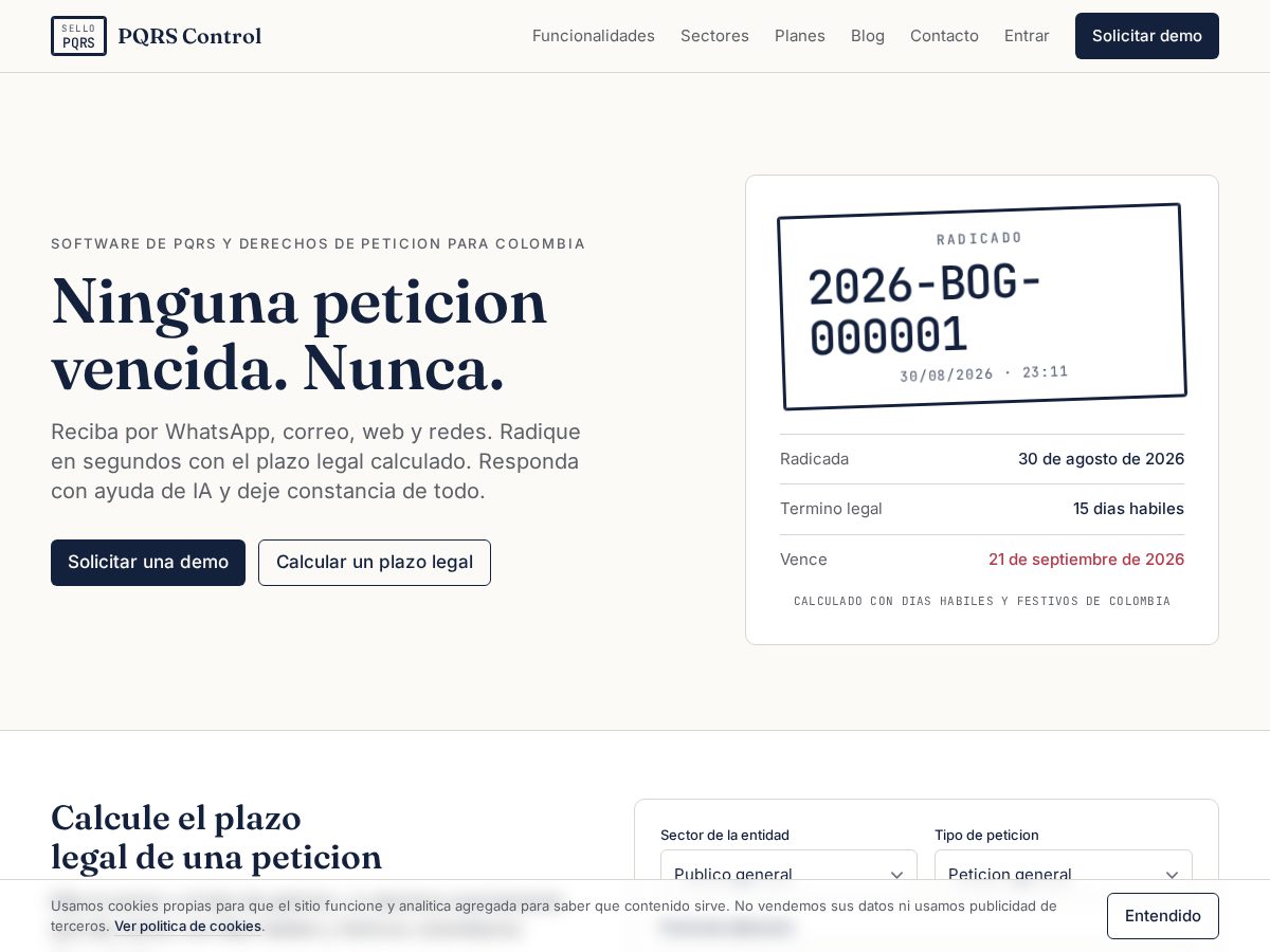 Landing-page snapshot of pqrscontrol.com