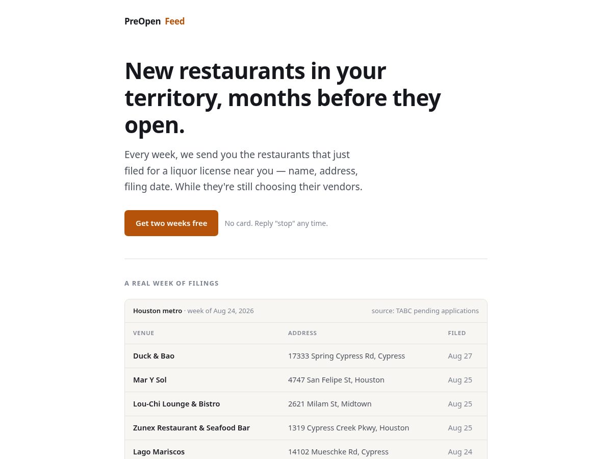 Landing-page snapshot of preopenfeed.com