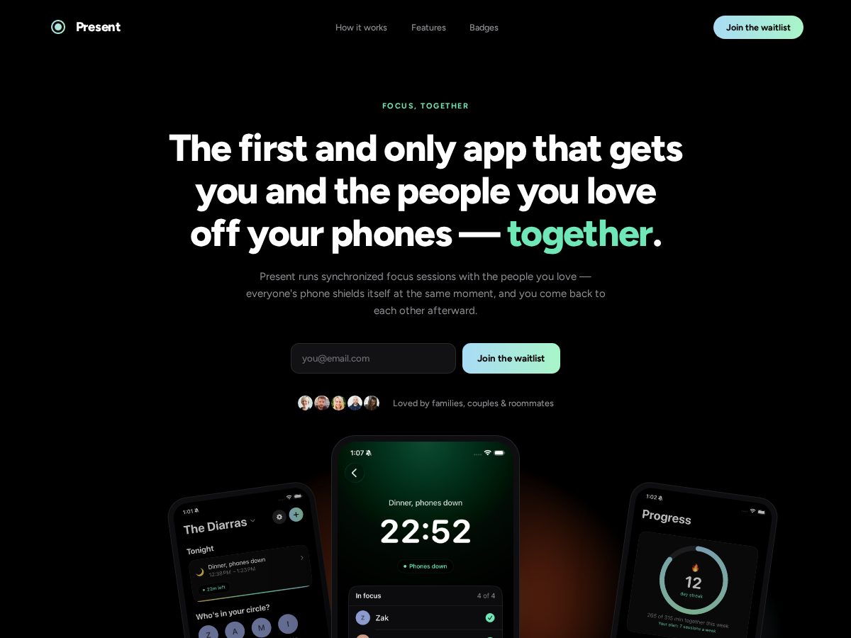 Landing-page snapshot of presentfocus.app