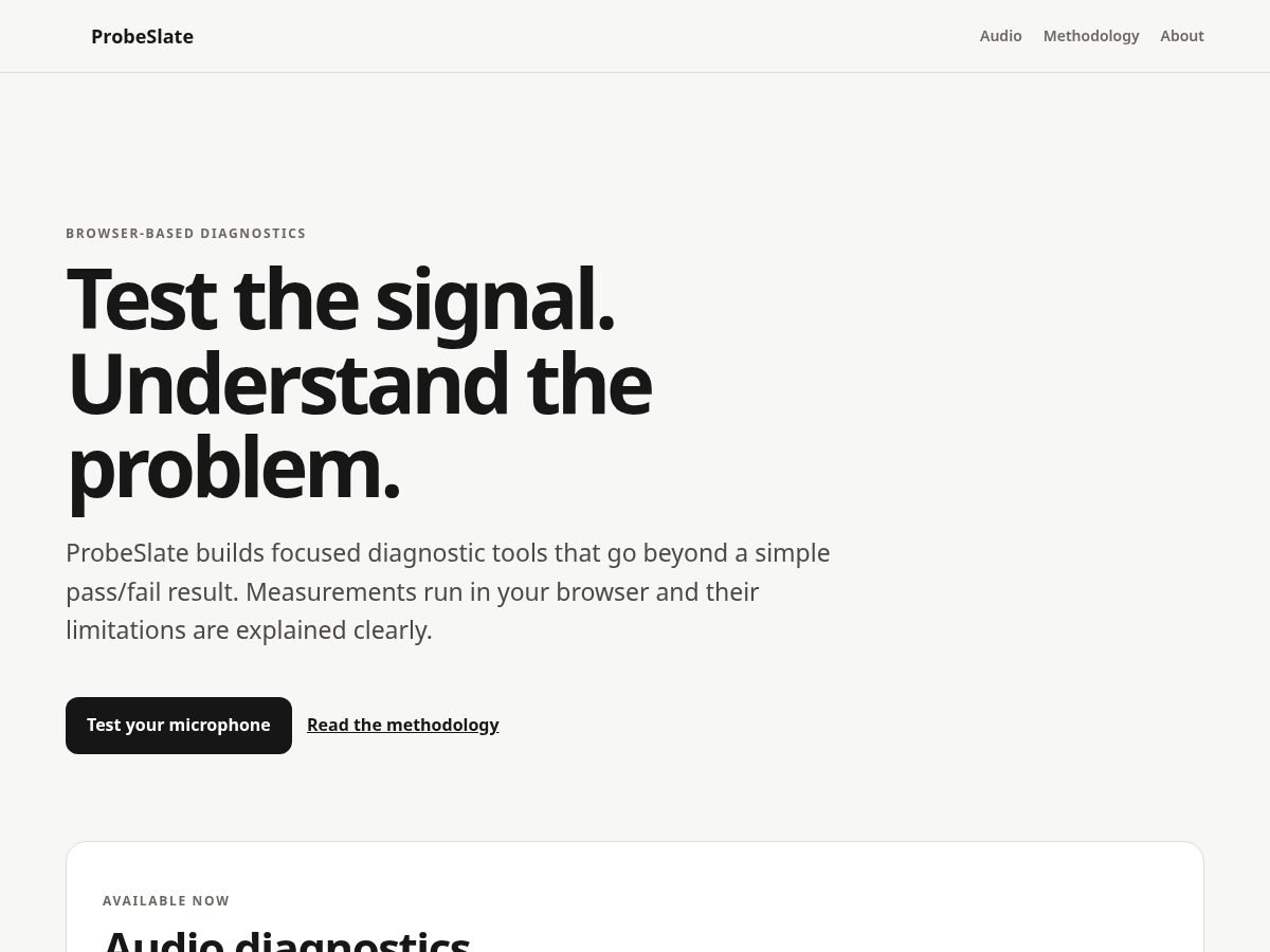 Landing-page snapshot of probeslate.com