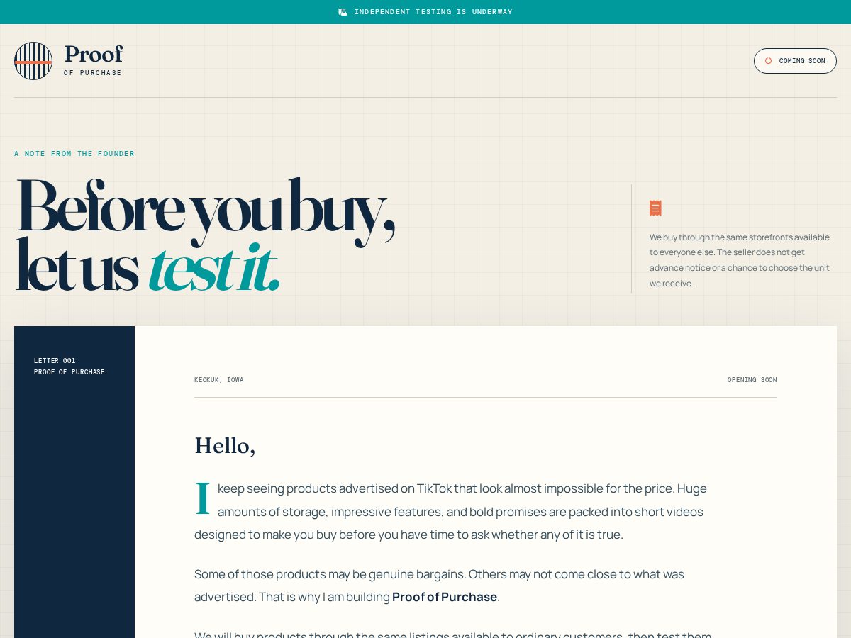 Landing-page snapshot of proofofpurchase.org