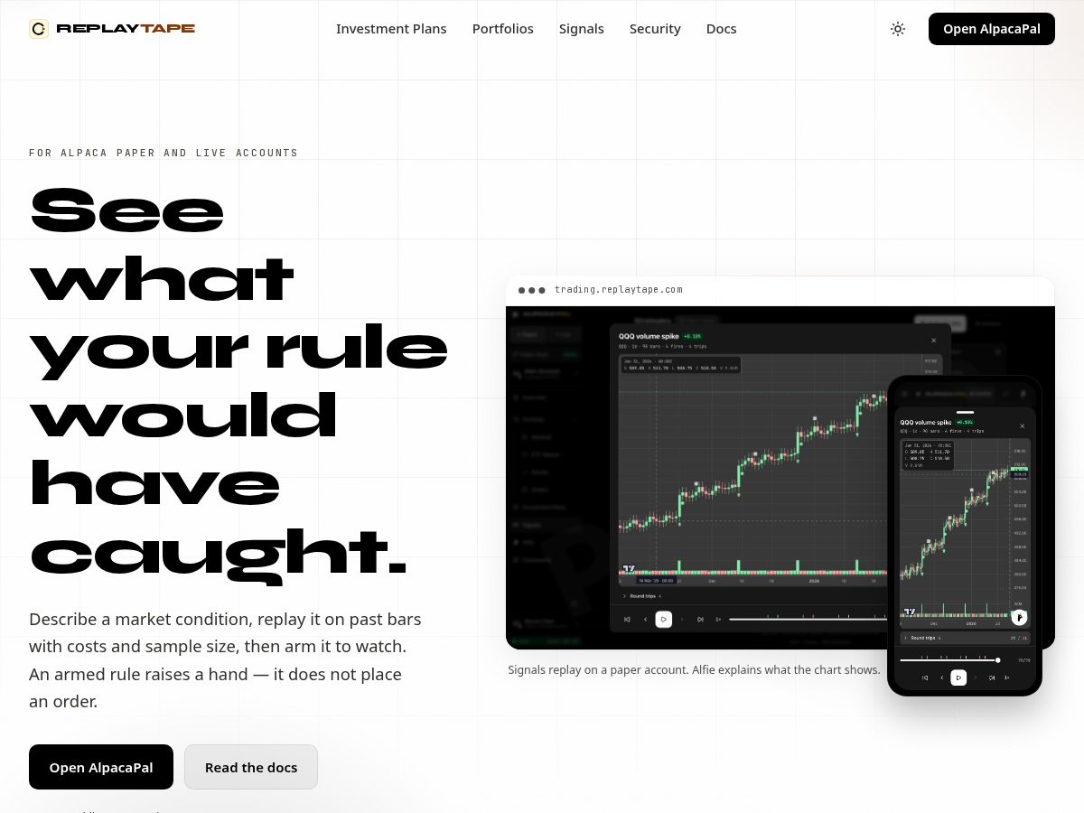 Landing-page snapshot of replaytape.com