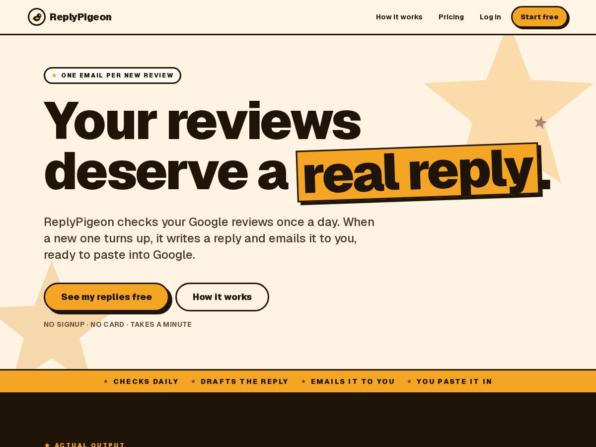 Landing-page snapshot of replypigeon.com