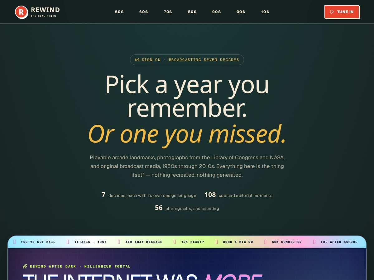 Landing-page snapshot of rewindchannel.com