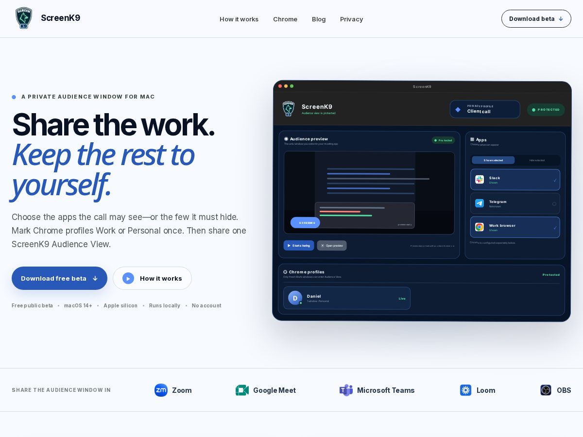 Landing-page snapshot of screenk9.app