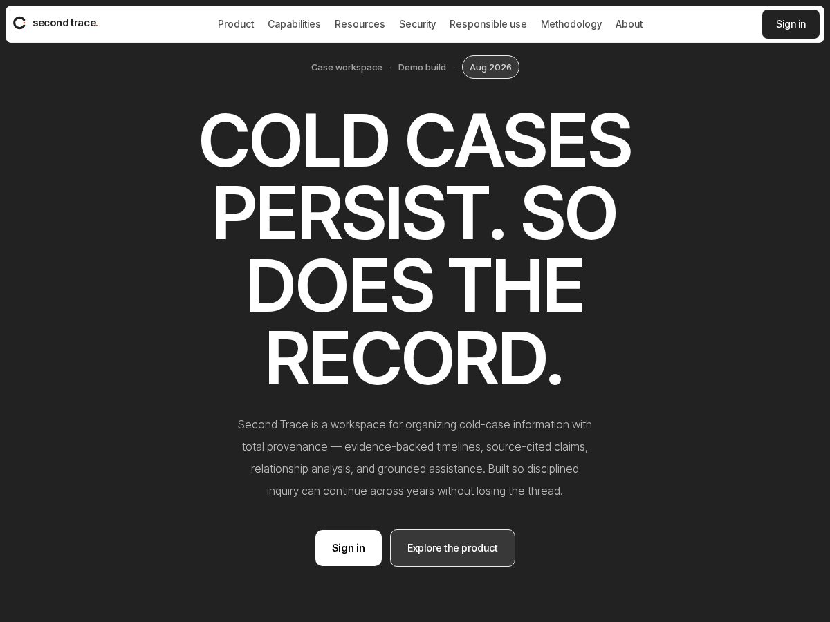 Landing-page snapshot of secondtrace.com