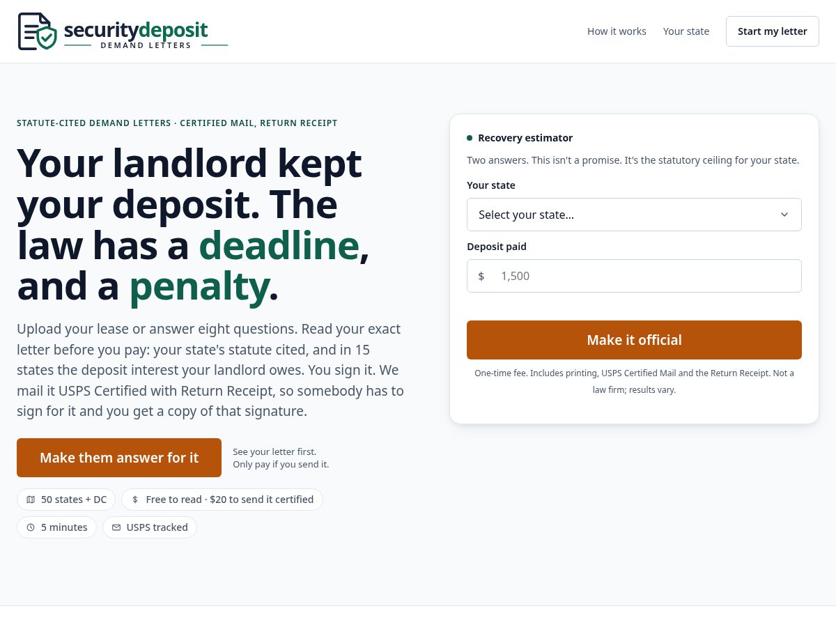 Landing-page snapshot of securitydepositdemandletters.com